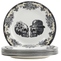 Set of Royal Stafford Party Skull dinner plates with skull design one with a flower and one with a bowler top hat and a floral motif around the rim 