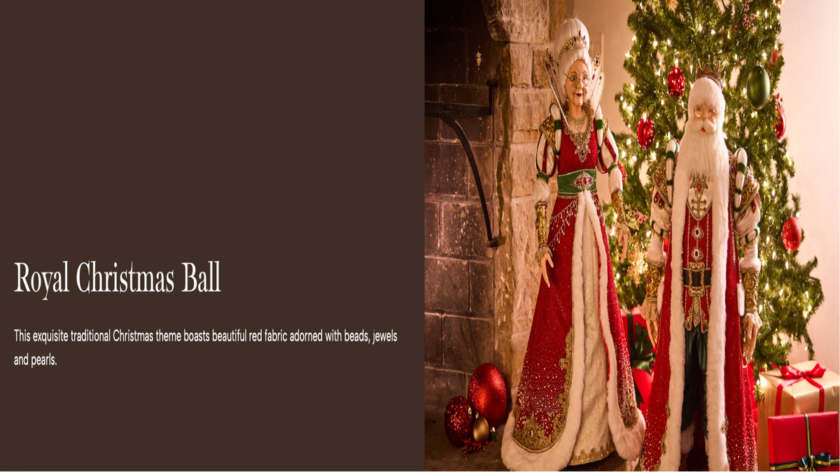 A website banner for 'Royal Christmas Ball' featuring a dark brown left section with white text and a right section showing a festive Christmas scene with a red and white Santa Claus figure and a Christmas tree.