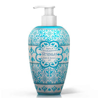 Bottle of Rudy Profumi Versila bath and shower gel with decorative blue and white design on a white background