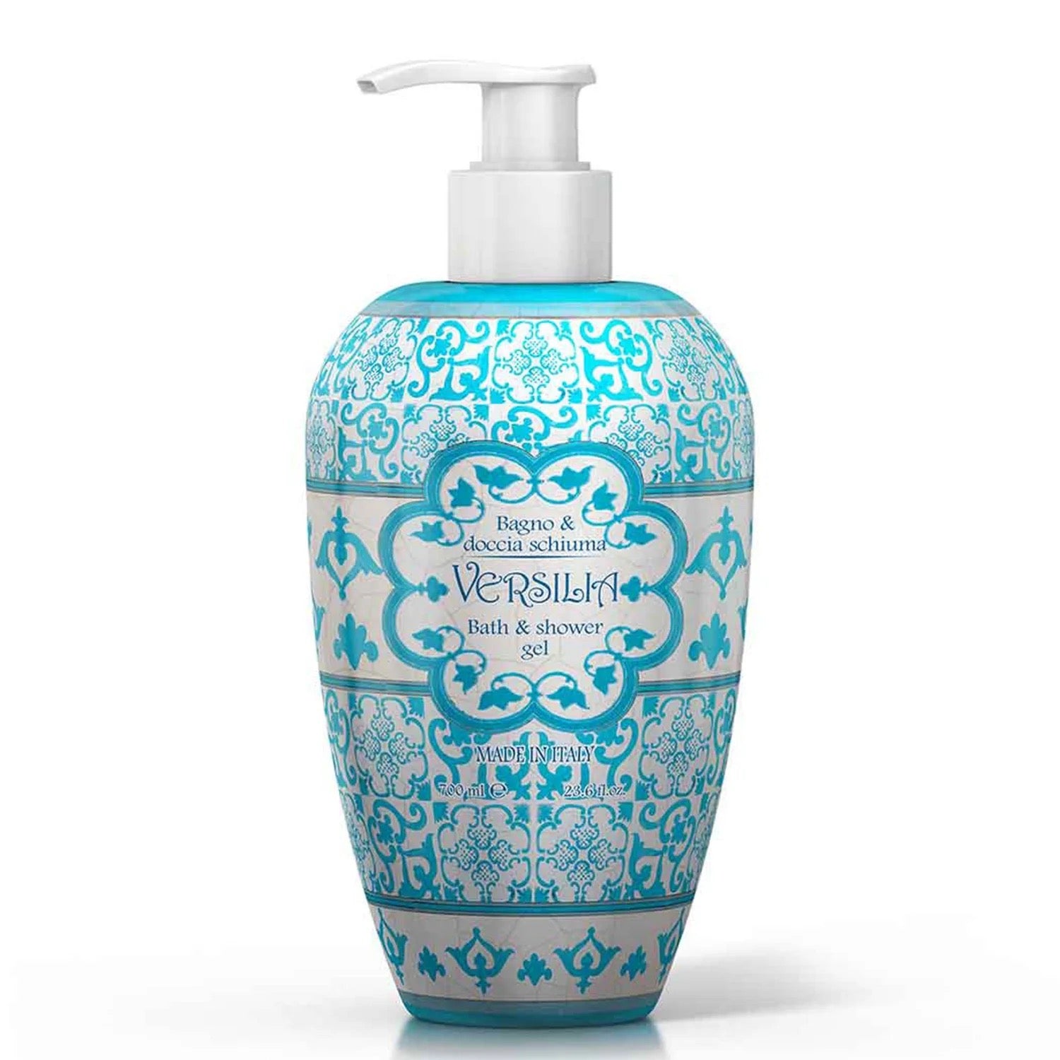 Bottle of Rudy Profumi Versila bath and shower gel with decorative blue and white design on a white background