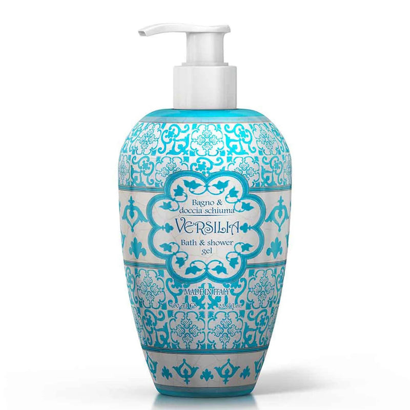 Bottle of Rudy Profumi Versila bath and shower gel with decorative blue and white design on a white background