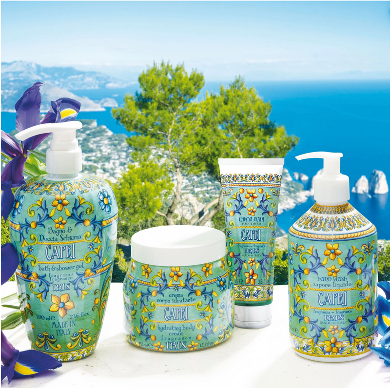 Floral Capri hand cream scented with iris, amber, and ylang ylang — moisturizing skincare from Rudy Profumi.