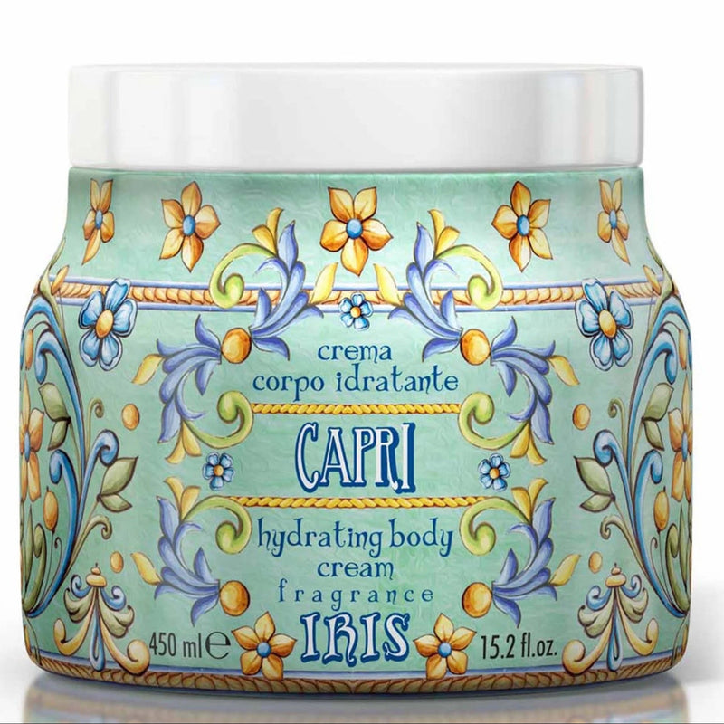 Close-up of Rudy Profumi Capri Moisturizing Body Cream 15.2 oz (450 ml), Italian-made floral body lotion with iris and ylang ylang fragrance.