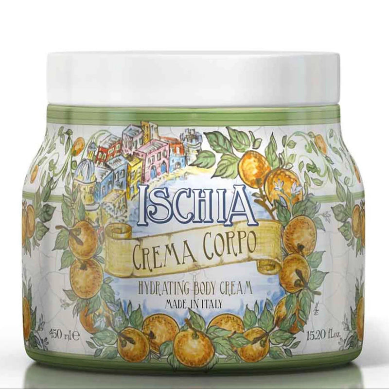 Ischia body cream displayed with matching bath and shower gel, hand soap, and hand cream