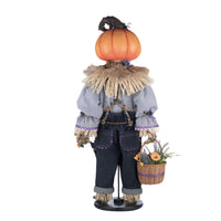 Back view of Custom clothing with burlap, straw, and sunflower embellishments on Scarecrow with Sunflowers doll, Katherine’s Collection Halloween decor, SKU 28-428183.