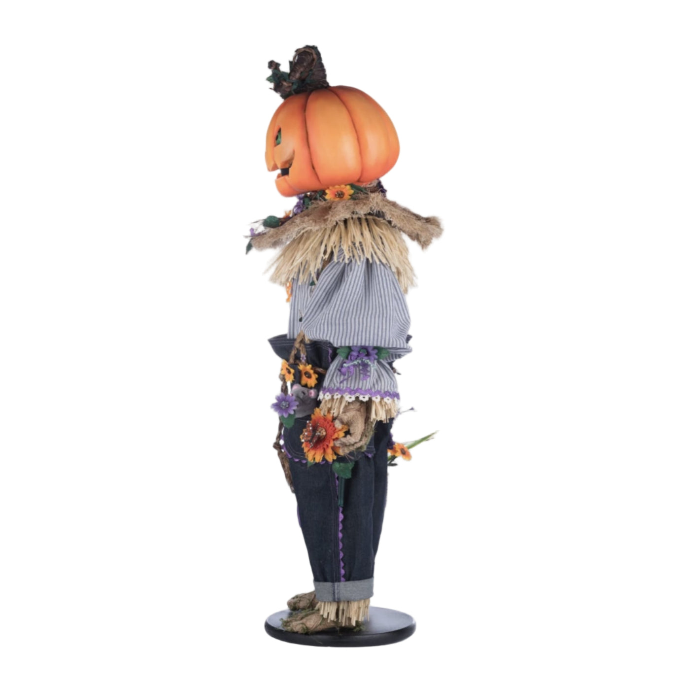 Left side profile of Katherine’s Collection Scarecrow with Sunflowers Halloween doll holding basket of faux wildflowers, SKU 28-428183, GTIN/UPC 810074127288