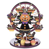 Halloween-themed candy wheel with pumpkin character on a white background