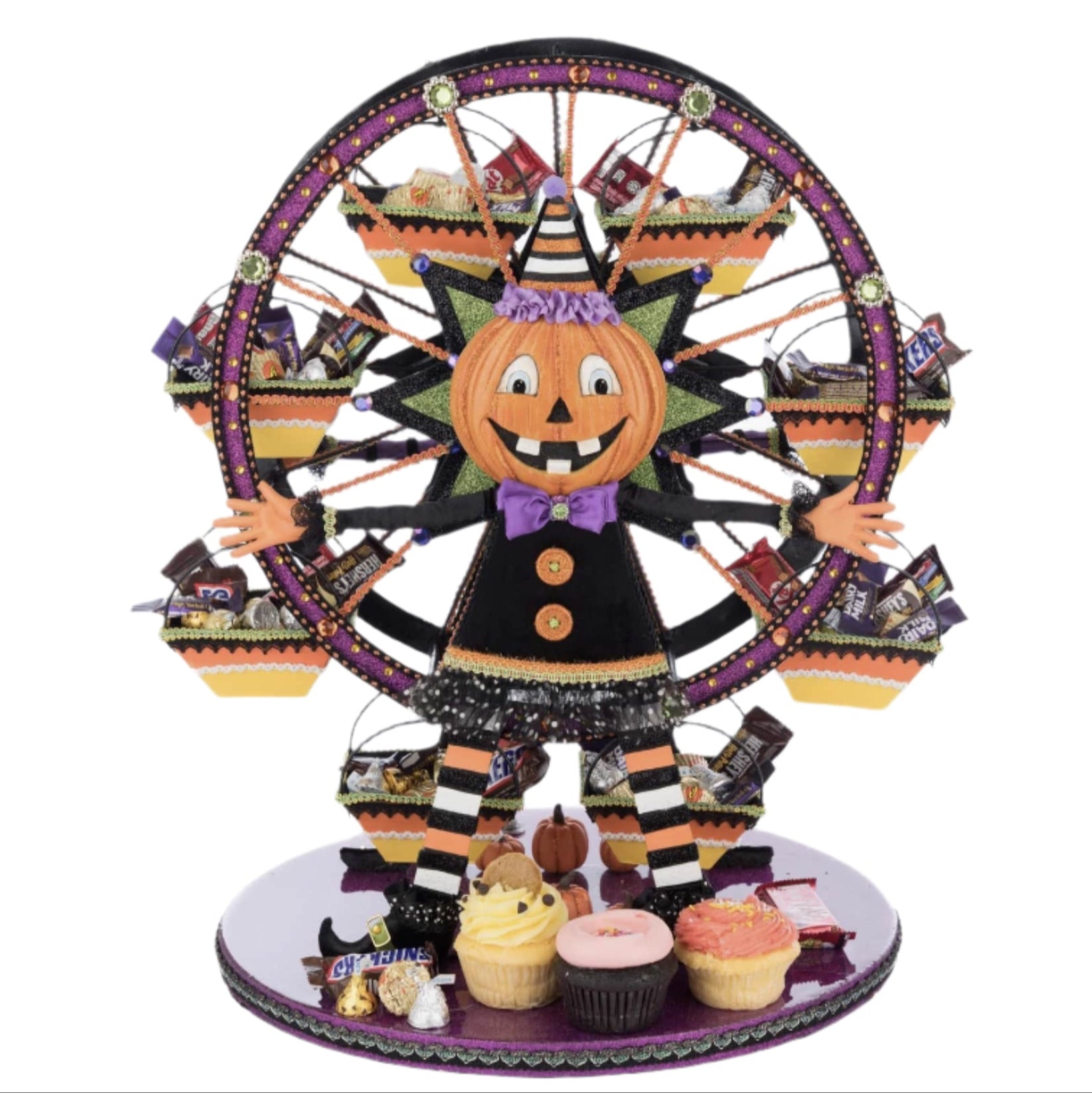 Halloween-themed candy wheel with pumpkin character on a white background