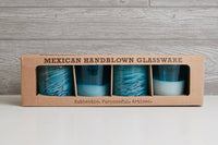 Full set of handblown aqua glasses highlighting color and craftsmanship in gift box