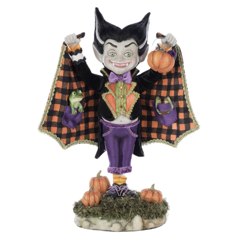 Front view of Vlad the Vampire Boy, featuring candy pail, cape, and hand-painted facial details. Part of Katherine’s Collection 2025.