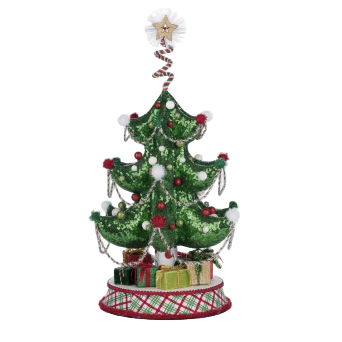 Close-up detail of sequined resin, silk cord, and twisted garland on Whimsical Table Top Tree.
Whimsical Table Top Tree Ornaments 28-428348 GTIN 810074128346
