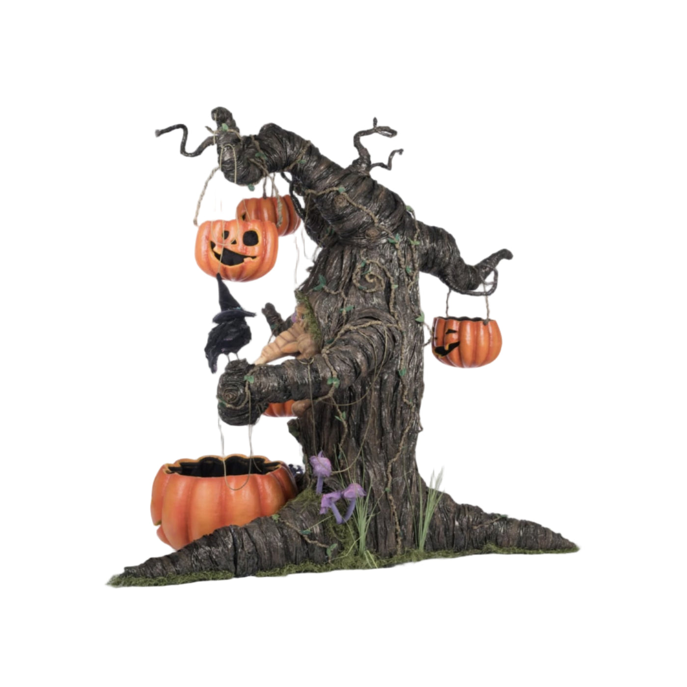 Left side angle of Witching Willow Tree with hanging pumpkin lanterns and lifelike embellishments, SKU 28-428186
