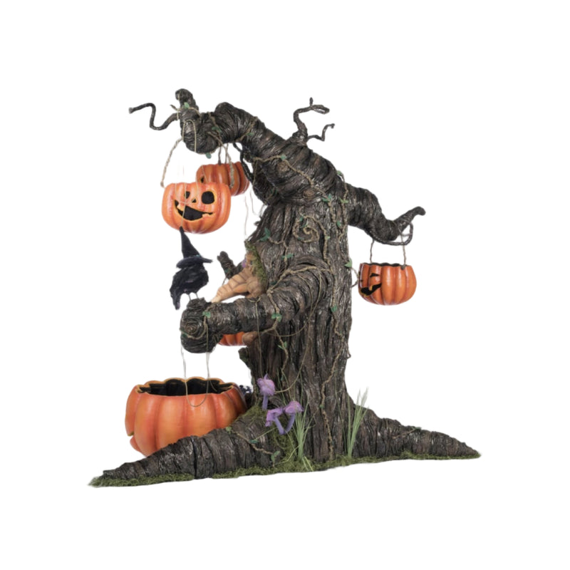 Left side angle of Witching Willow Tree with hanging pumpkin lanterns and lifelike embellishments, SKU 28-428186