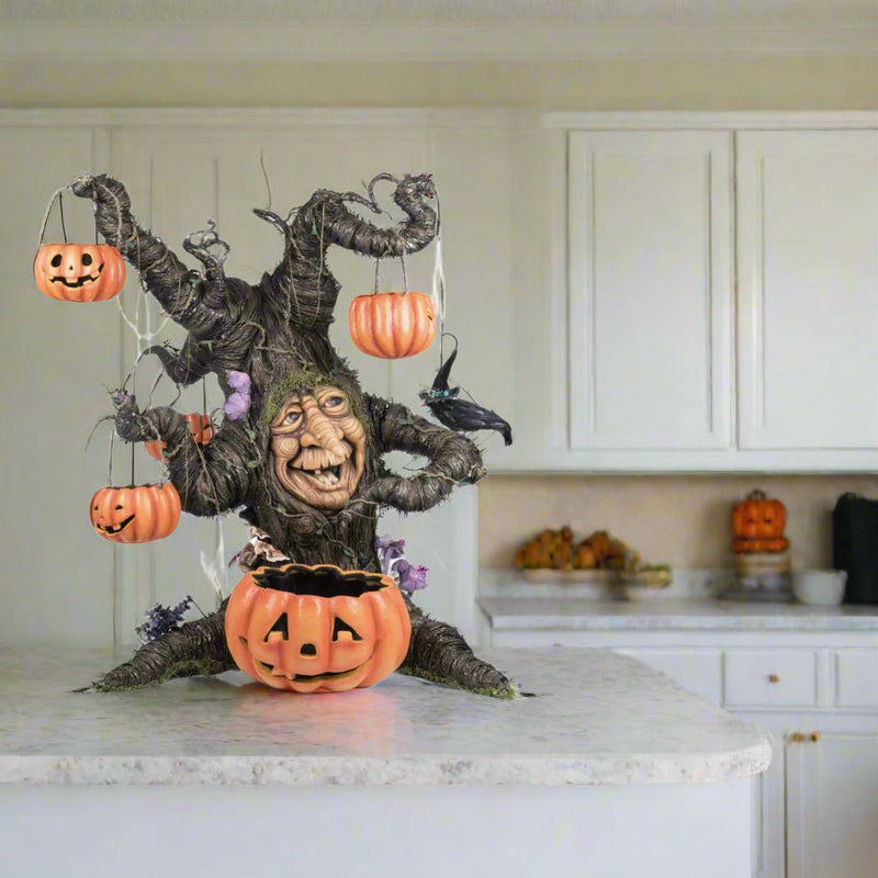 Front view of Witching Willow Tree with Jack O’ Lanterns from Katherine’s Collection Jacks and Cats Halloween, SKU 28-428186, UPC 810074127301