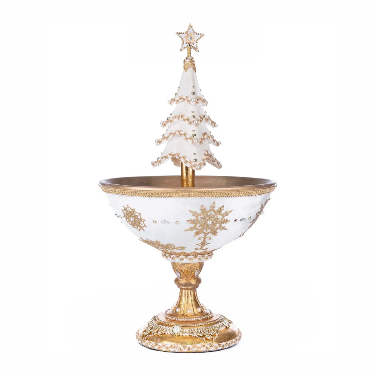 Bells of Brilliance white and gold pedestal serving bowl with snowflake details, item 28-528776, UPC 810187071065
