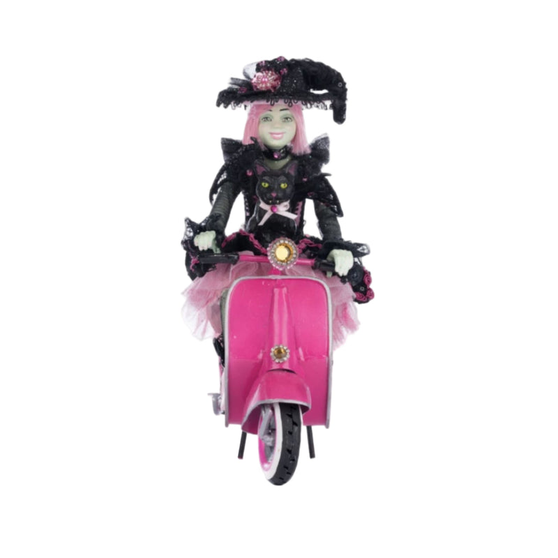 Katherine’s Collection Pink Panic Rosalie on Vespa Halloween tabletop figure with cat front view 
