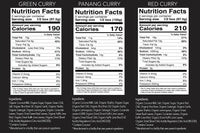 Nutrition facts labels for Green Curry, Panang Curry, and Red Curry boxes.