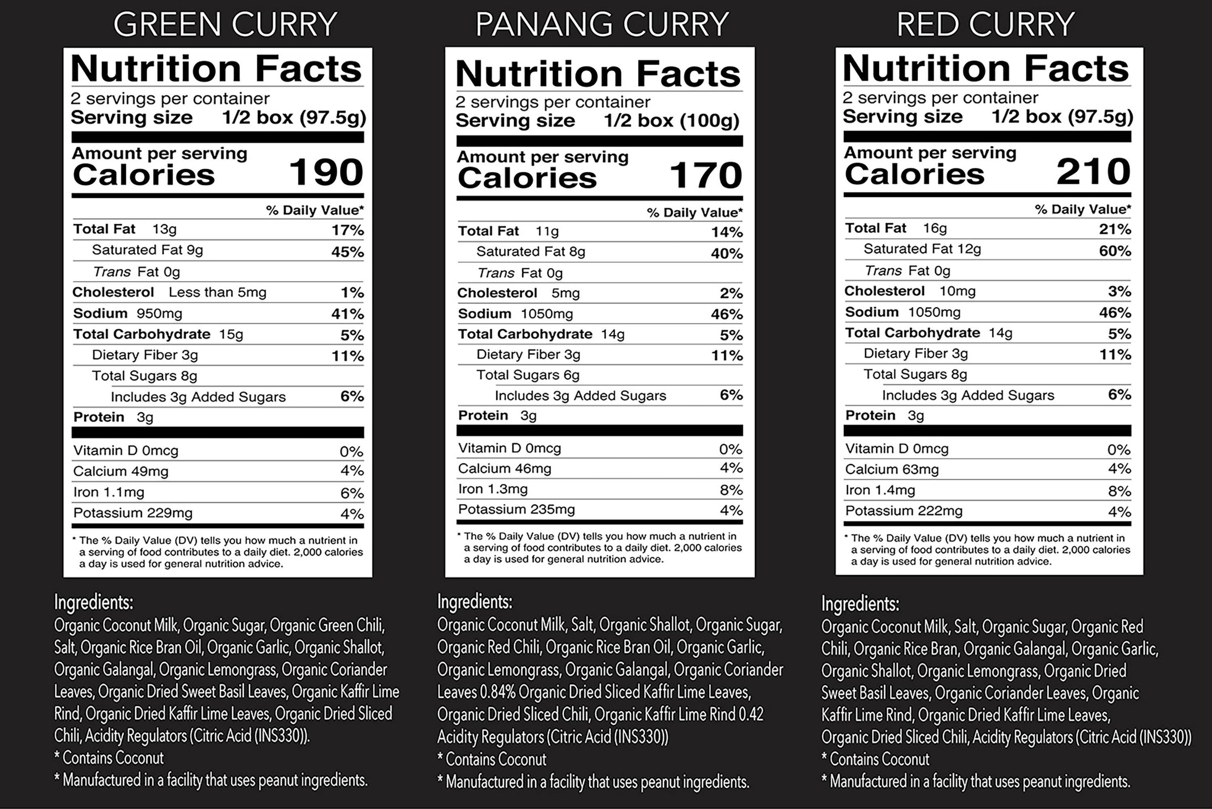 Nutrition facts labels for Green Curry, Panang Curry, and Red Curry boxes.