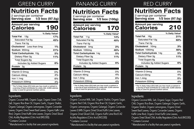 Nutrition facts labels for Green Curry, Panang Curry, and Red Curry boxes.