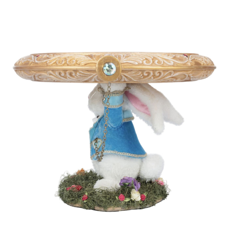 Whimsical White Rabbit Cake Plate 28-428118 GTIN 810074126823 with golden pocket watch base and floral grass details