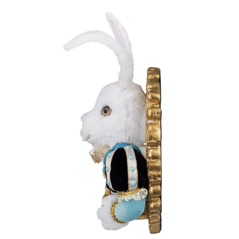 side view of Whimsical White Rabbit Door Knocker 28-428129 GTIN 810074126908 with ruffle collar and golden pocket watch