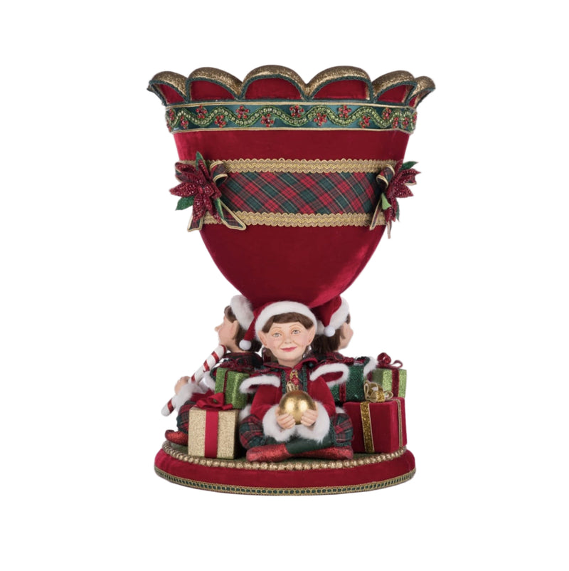 Luxury Christmas elf urn with velvet, gold leaf, and jeweled trims