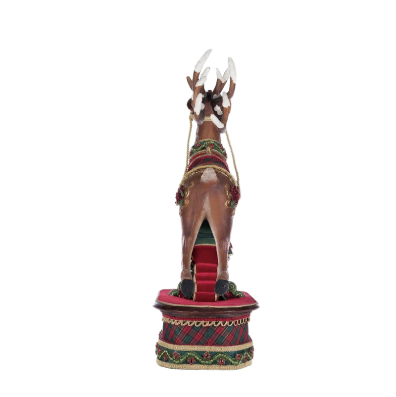 rear view of katherines collection festive Christmas reindeer figurine with plaid and gemstone details