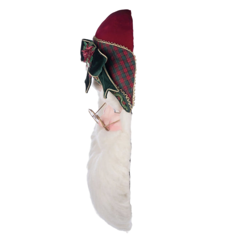 Hand-painted Santa mask with jeweled poinsettias and plaid trim left side view