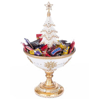 Katherine’s Collection Bells of Brilliance Serving Bowl with white Christmas tree and gold snowflake details, item 28-528776, UPC 810187071065