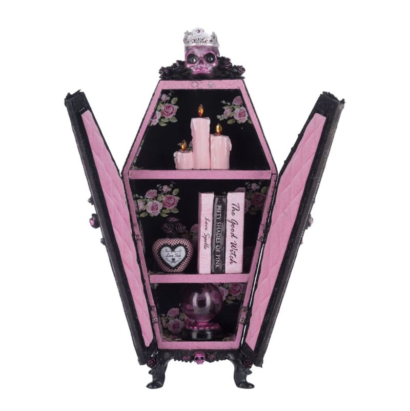 Katherine’s Collection Coffin Cabinet Menagerie with roses, skulls, and pink velvet interior, SKU 28-428153.