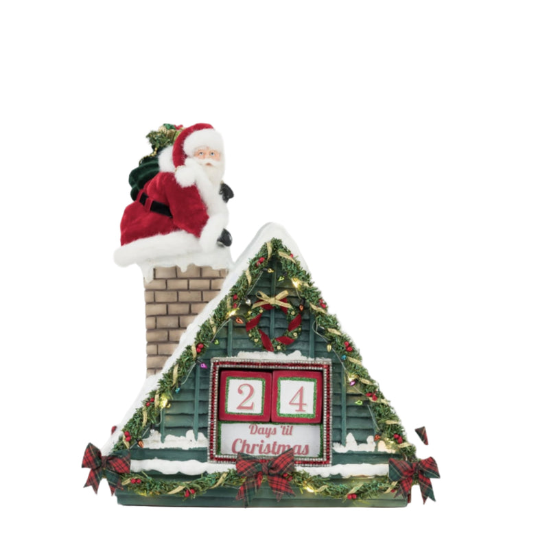 Front view of Katherine’s Collection Countdown to Christmas House with Santa and working lights