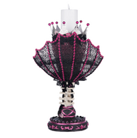 Back side view of gothic style skull candle holder from Katherine’s Collection Pink Panic Possession line.