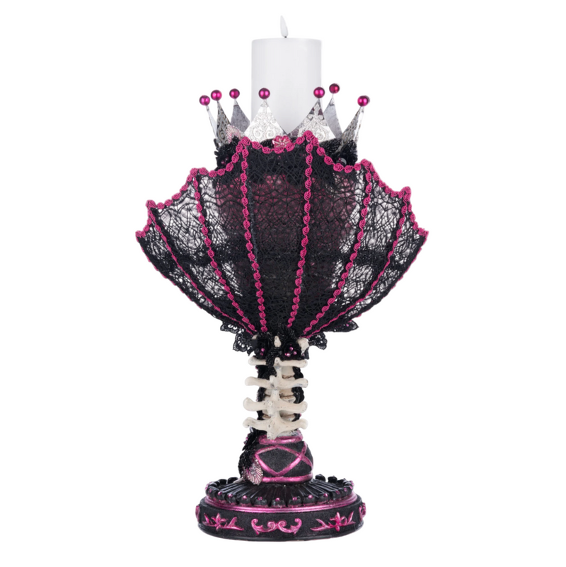 Back side view of gothic style skull candle holder from Katherine’s Collection Pink Panic Possession line.