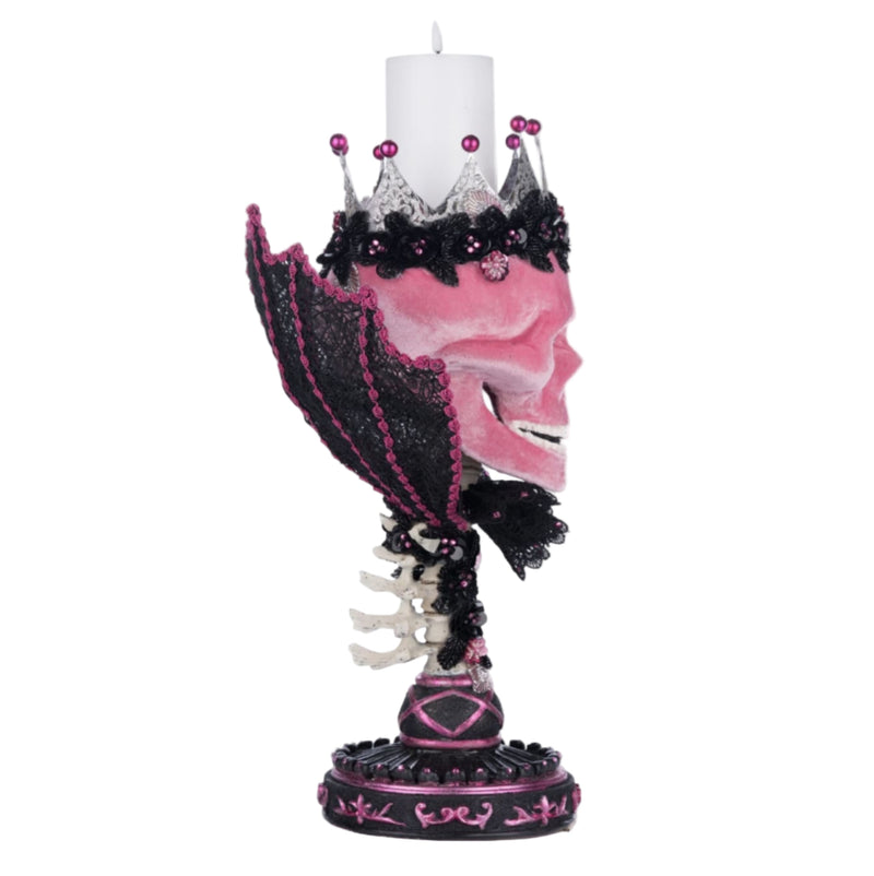 Right-side-view-of-Gothic style skull candle holder from Katherine’s Collection Pink Panic Possession line.