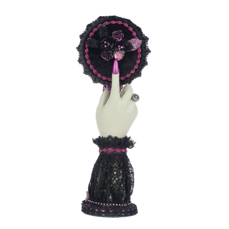 Back view of Katherine's Collection Halloween Hand Mirror, Pink Panic Possession décor