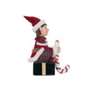 right side view of Katherine’s Collection elf sitting on velvet-wrapped gift with stocking hook