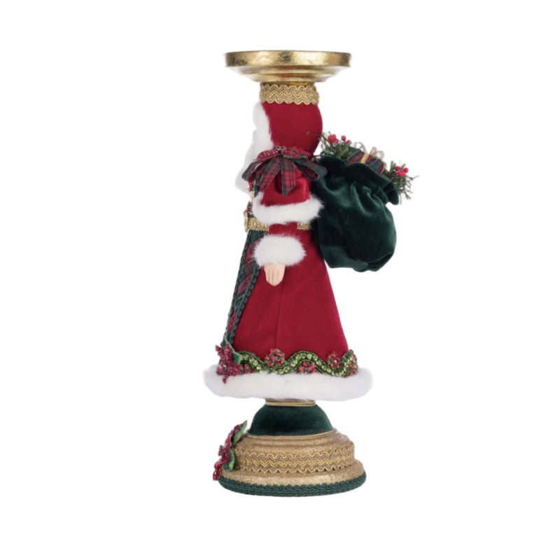 Right side view of Holiday Magic Santa Candlestick showing velvet and gold leaf accents