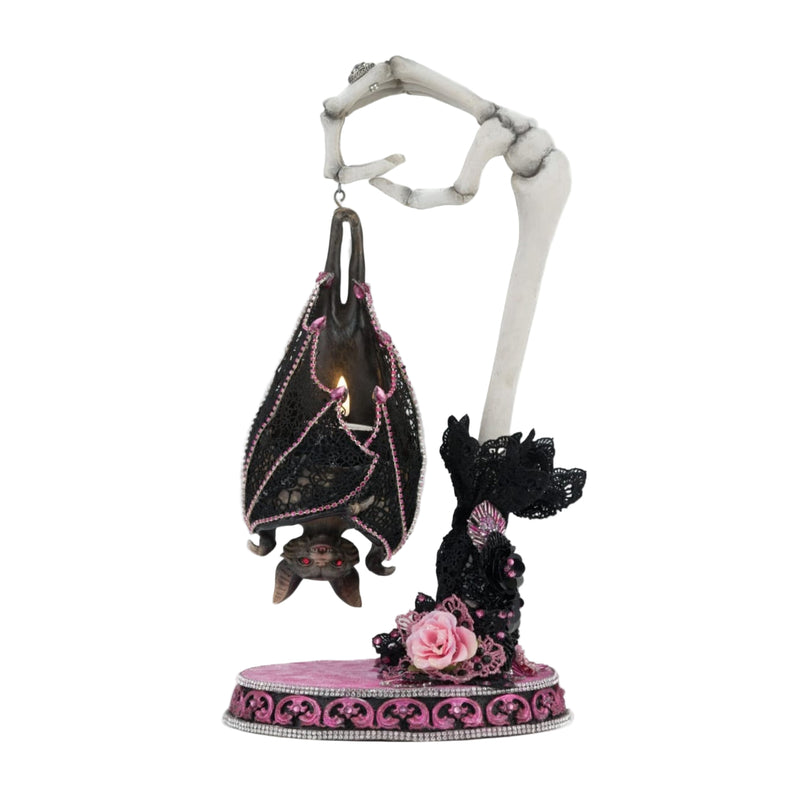 Katherine’s Collection Lacey Bat Luminary front view, handcrafted Halloween bat with lace wings, jewels, and velvet base.