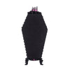 Back view of pink Halloween Coffin Cabinet Menagerie by Katherine’s Collection, SKU 28-428153, with floral wallpaper and pink velvet.
