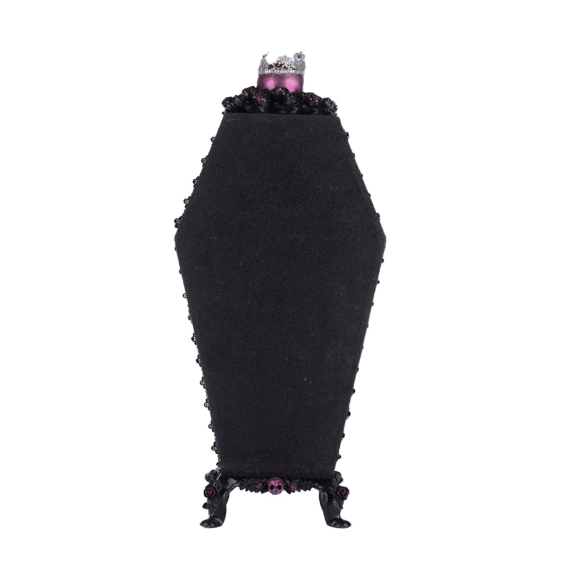 Back view of pink Halloween Coffin Cabinet Menagerie by Katherine’s Collection, SKU 28-428153, with floral wallpaper and pink velvet.