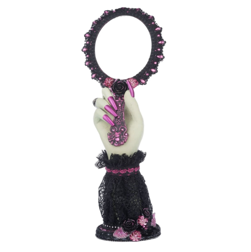Katherine's Collection Pink Panic Hand Held Mirror with Hand, jeweled gothic Halloween décor.