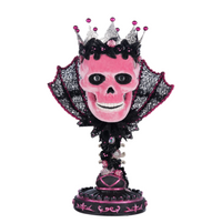 Katherine’s Collection Pink Passion Skull Pillar Candle Holder with jeweled velvet skull and lace collar.