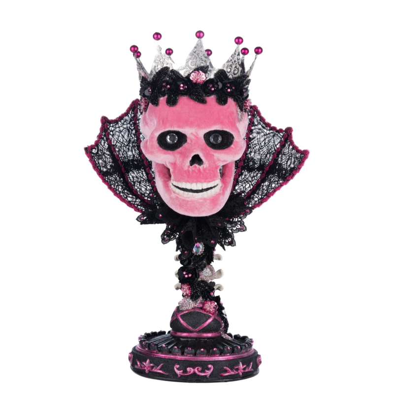 Katherine’s Collection Pink Passion Skull Pillar Candle Holder with jeweled velvet skull and lace collar.