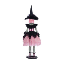 Katherine’s Collection Rosalie Blackthorn Doll 28-428140 back view, handcrafted Halloween witch with black lace, pink satin, and jeweled hat.