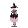 Katherine’s Collection Rosalie Blackthorn Doll 28-428140 front view, handcrafted Halloween witch with black lace, pink satin, and jeweled hat.