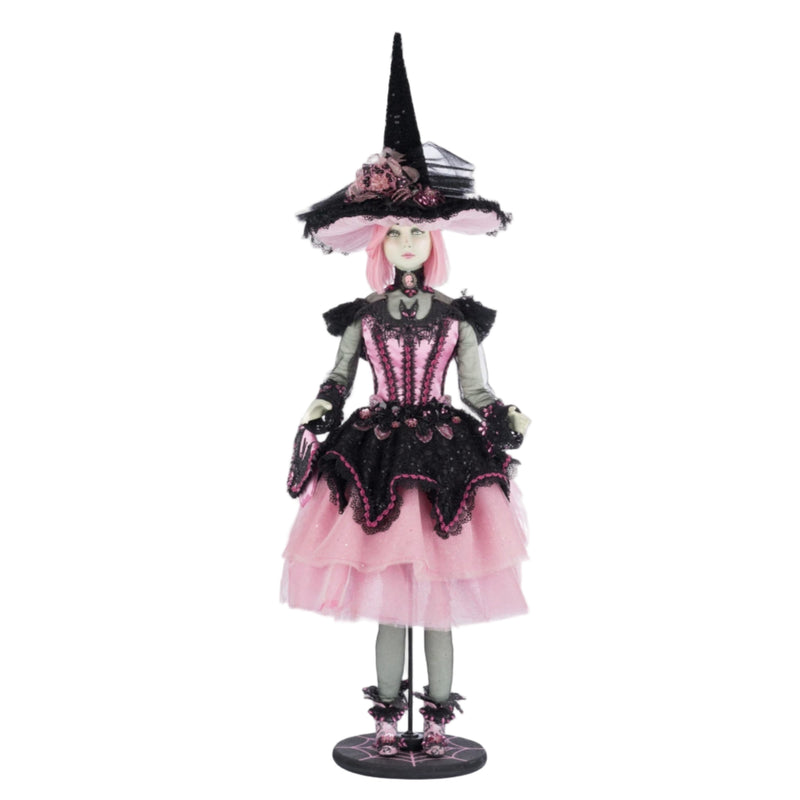 Katherine’s Collection Rosalie Blackthorn Doll 28-428140 front view, handcrafted Halloween witch with black lace, pink satin, and jeweled hat.