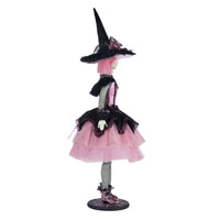Right Side view of Katherine’s Collection Rosalie Blackthorn Doll, Pink Panic Possession 2024, showing detailed hand-beaded black lace and pink tulle costume.