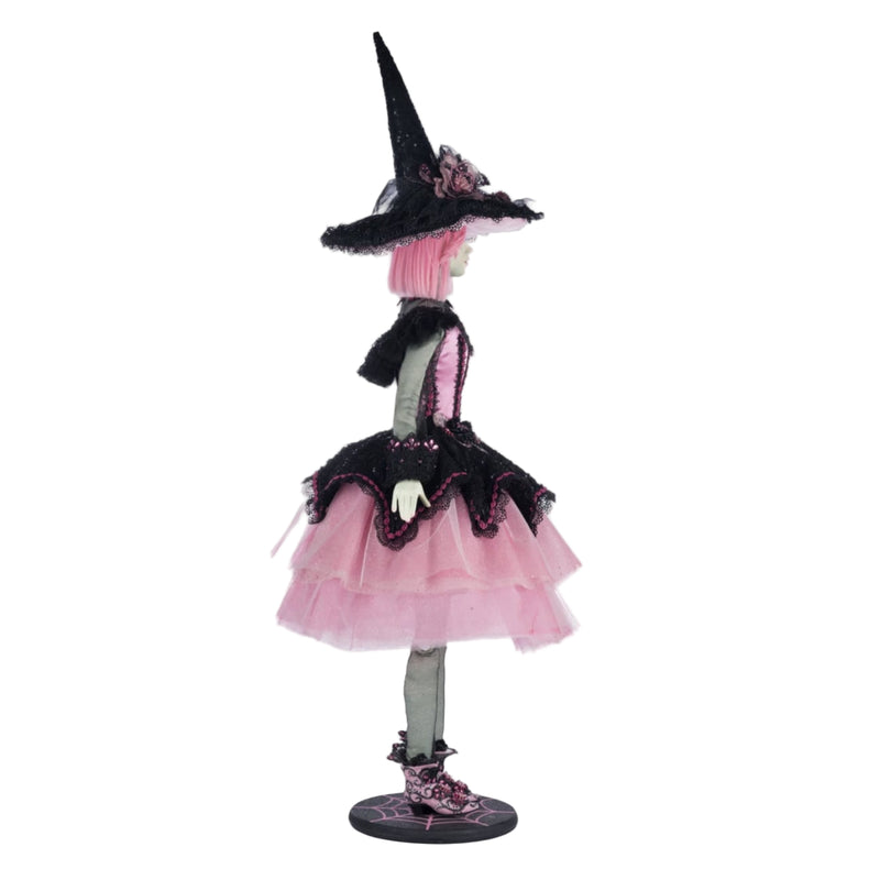 Right Side view of Katherine’s Collection Rosalie Blackthorn Doll, Pink Panic Possession 2024, showing detailed hand-beaded black lace and pink tulle costume.