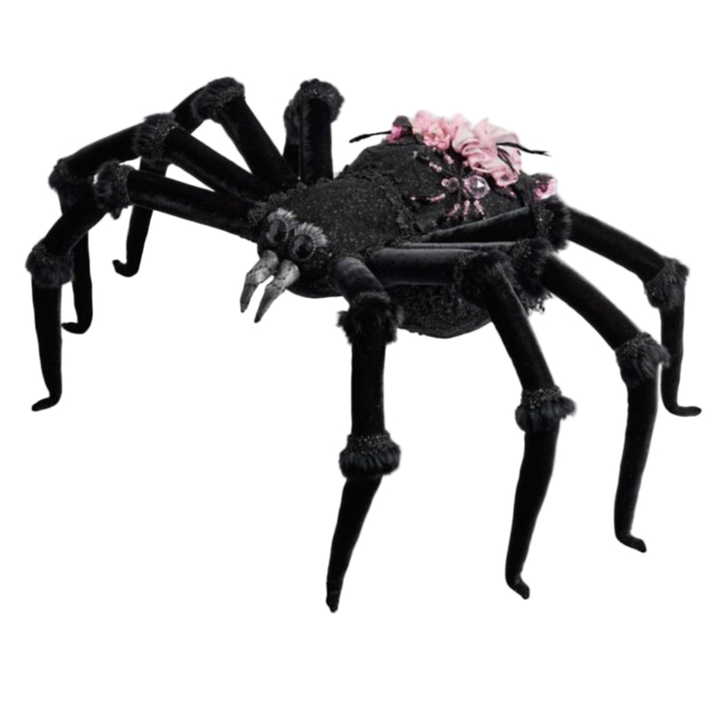 Katherine’s Collection Rosie Recluse the Spider front view, oversized Halloween spider with velvet body and embellished fabrics.