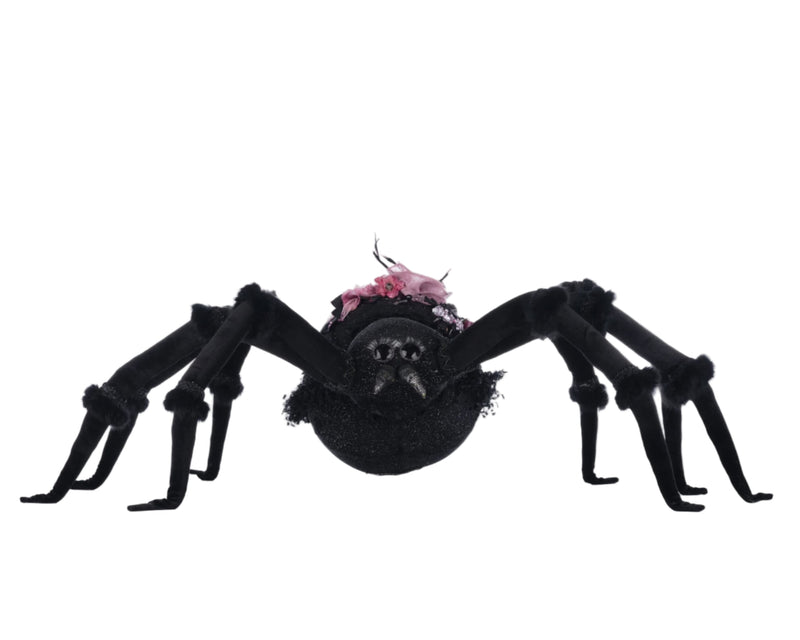 Katherine’s Collection Rosie Recluse the Spider full front view, oversized Halloween spider with velvet body and embellished fabrics.